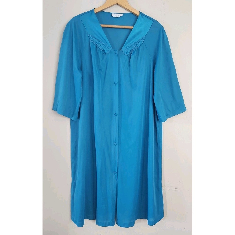 Vintage Women's Vassarette Size XL Turquoise Nightgown Button Front Made in USA